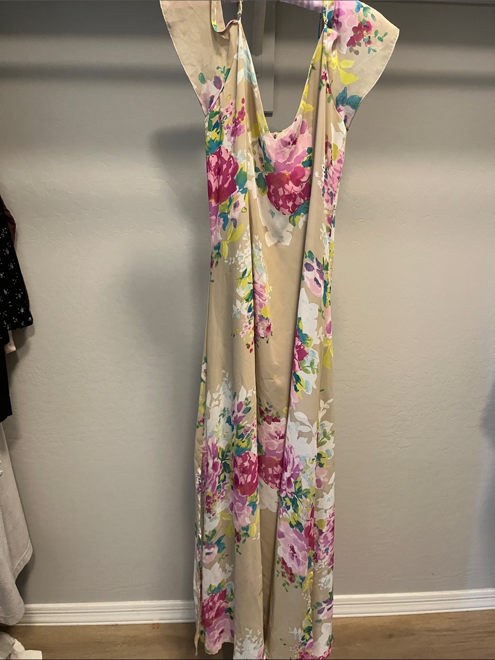 Nasty Gal Beige Maxi Dress with Pink Floral Print